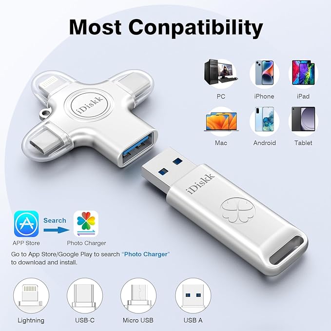 iDiskk 128 GB Auto-Secure-Backup USB Flash Drive Thumb Drive - iPhone Memory Storage to Transfer & Backup Photos, Videos,Photo Stick for iPhone,iPad, Android, Mac & PC