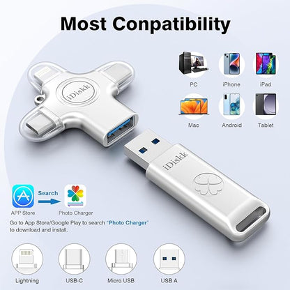 iDiskk 128 GB Auto-Secure-Backup USB Flash Drive Thumb Drive - iPhone Memory Storage to Transfer & Backup Photos, Videos,Photo Stick for iPhone,iPad, Android, Mac & PC