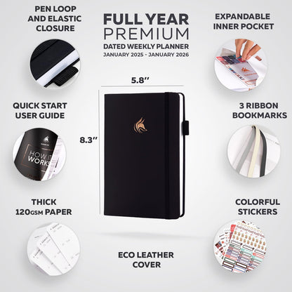 Clever Fox Dated Planner Premium 2025 – Weekly Agenda for Planning & Time Management –Notebook with Habit Tracker & To-do List (Black)