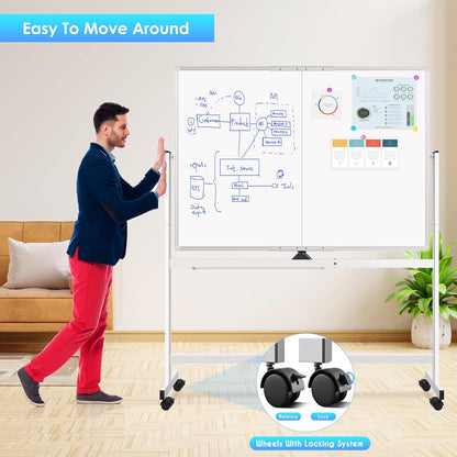 maxtek Rolling Whiteboard, 48x36 Large Magnetic White Board with Stands, Big Double-Sided White Board Dry Erase on Wheels for Homeschool, Home Office, Office, School (Silver, 48 x 36)