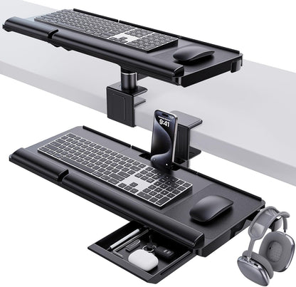 Klearlook Upgraded Adjustable Keyboard Tray for Above Desk & Under Desk Use - Ergonomic Sit-Stand Keyboard Riser with 360° Rotation, 24.4"×10" Keyboard Stand with Wrist Rest & Storage Drawer - Black