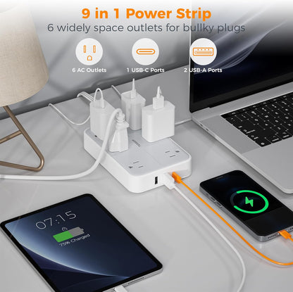TESSAN Flat Extension Cord 10 FT with Flat Plug Power Strip, Small Extension Cord with 6 AC Outlet 1 USB C and 2 USB A, 1080J Surge Protector Power Strip, Wall Mount for Dorm Room Office Home