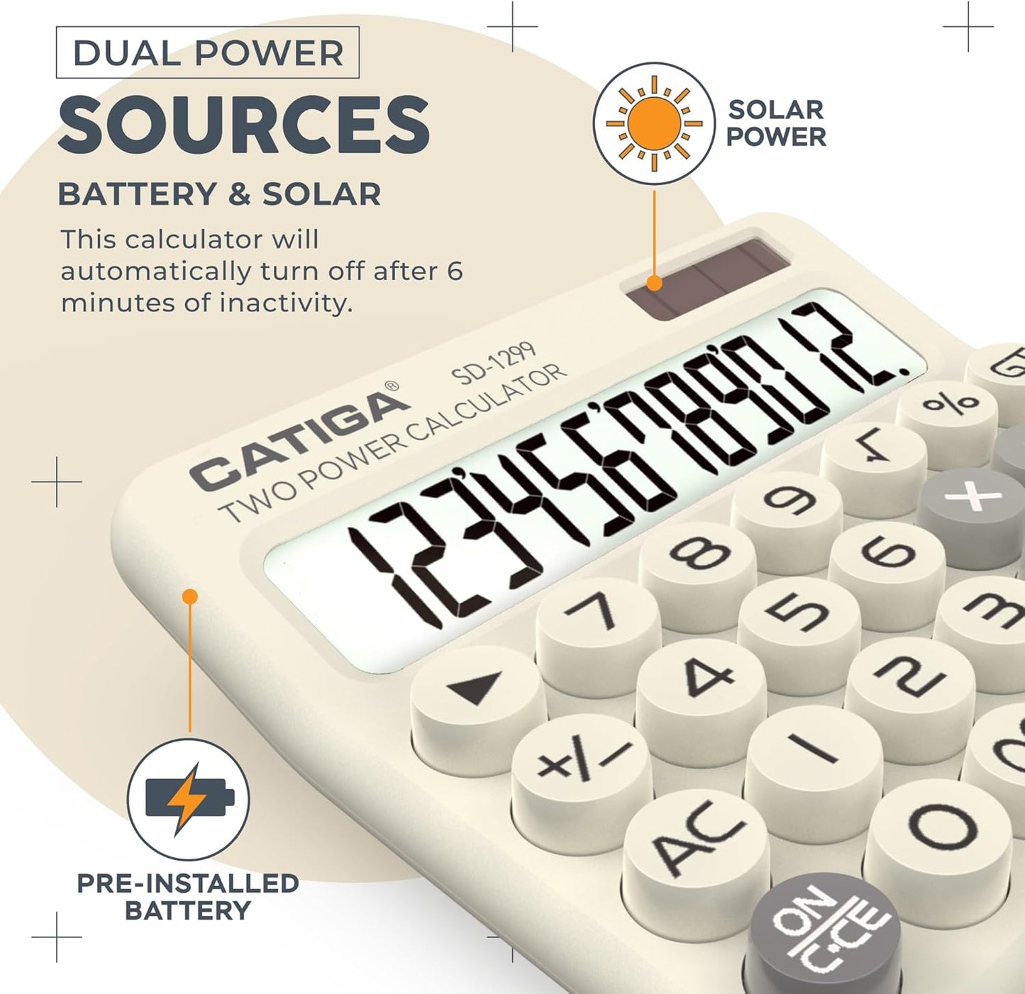 CATIGA Mechanical Switch Calculator with Solar and Battery Dual Power, 12-Digit Large LCD Display, Aesthetic and Cute Desktop Calculator with Big Button, for Home, School and Office Use, SD-1299