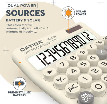 CATIGA Mechanical Switch Calculator with Solar and Battery Dual Power, 12-Digit Large LCD Display, Aesthetic and Cute Desktop Calculator with Big Button, for Home, School and Office Use, SD-1299