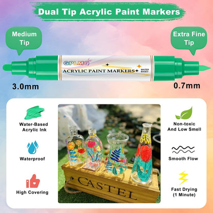Paint Markers Paint Pens - 2 Pack Dual Tip Acrylic Permanent Marker (0.7mm & 3mm), Non-Toxic, Water-Based for Art Painting, Stone, Ceramic, Glass, Wood, Fabric, Metal, DIY Crafts (Green)