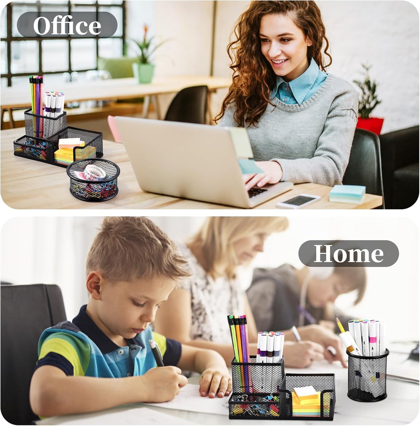 Mesh Pen Holder for Desk Pencil Holders 5 Pieces Desk Organizer Office Supplies Caddy with Sticky Notes Holder for Office School Home Black