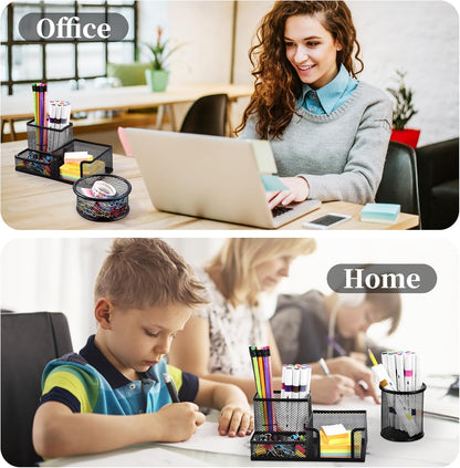 2 Pieces Pen Holder for Desk Mesh Metal Pencil Holders Pen Cup Marker Holder Desk Caddy with Sticky Notes Holder Pen Organizer for Office Supplies Workspace School Home Black