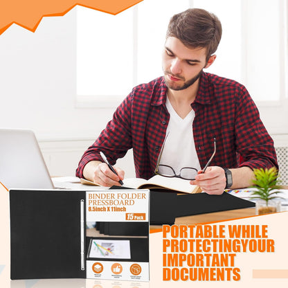 Zhanmai 15 Packs 8.5'' x 11'' Pressboard Report Covers, Metal Prong Fastener with Compressor, Letter Size 3'' Capacity Presentation Report Folder to Neatly Bind Reports, Proposals, Documents(Black)