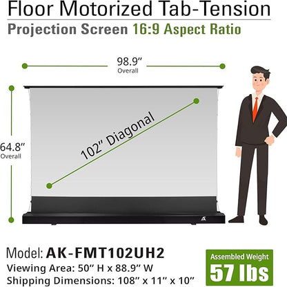 Akia Screens 102 inch Motorized Floor Rising Projector Screen, Pull Up Tab-Tension CineWhite 4K 8K HDR Home Theater Movie Screen for UST Short Throw, Remote Control, AK-FMT102UH2-X