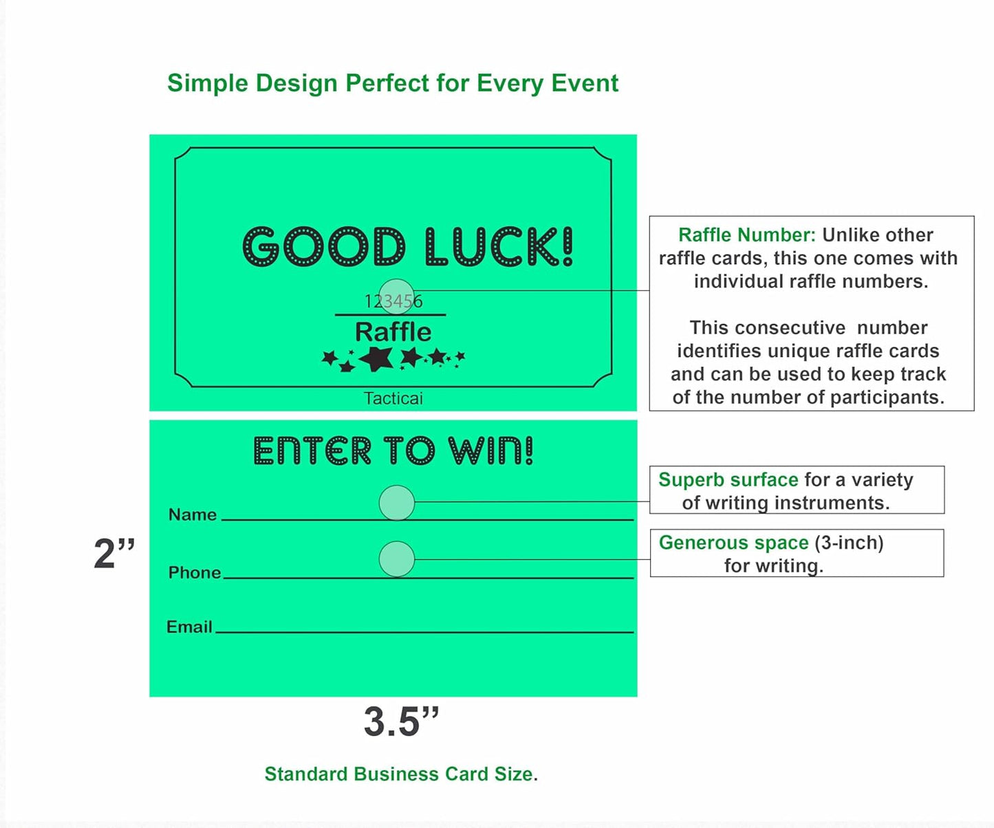 Tacticai 250 Raffle Tickets, Green (1 of 8 Colors), Raffle Cards, Entry Form with Name, Phone & Email for Events, Fundraiser & Prizes