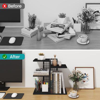 ELITEROO Desktop Bookshelf, 4 Tier Wood Desk Organizer Shelf, Tabletop Storage Shelf Rack for Office Supplies, Desk Decorations for Women Office, Rustic Black