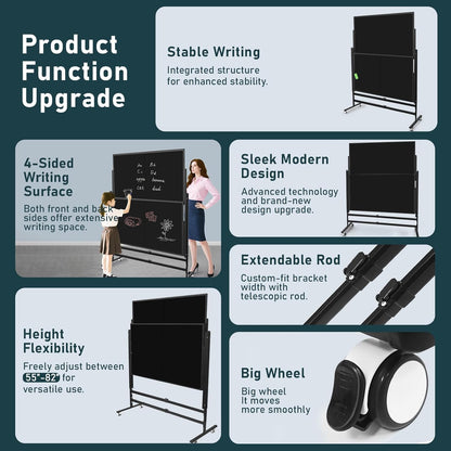 72x60 Inch Large Rolling Chalkboard | Height Adjustable Double-Sided Magnetic Blackboard on Wheels | for Classroom, Home & Office Use