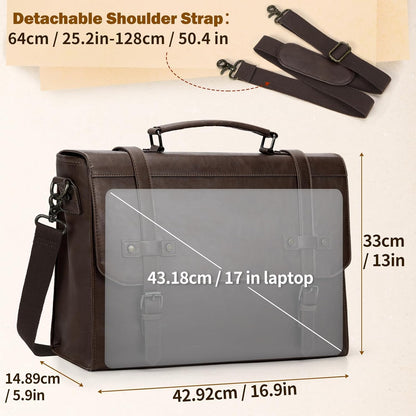RAINSMORE Mens Messenger Bag 17 Inch Waterproof Vintage Leather Laptop Briefcase Large Laptop Bag Satchel Bag Computer Shoulder Bag for Office Business Travel College,Brown
