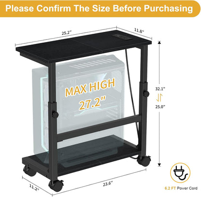 Snughome Computer Tower Stand with Charging Station, 25.0"-32.1" Height Adjustable PC Tower Stand for Floor, Mobile PC Holder with Locking Wheels Computer Cart for Home Office