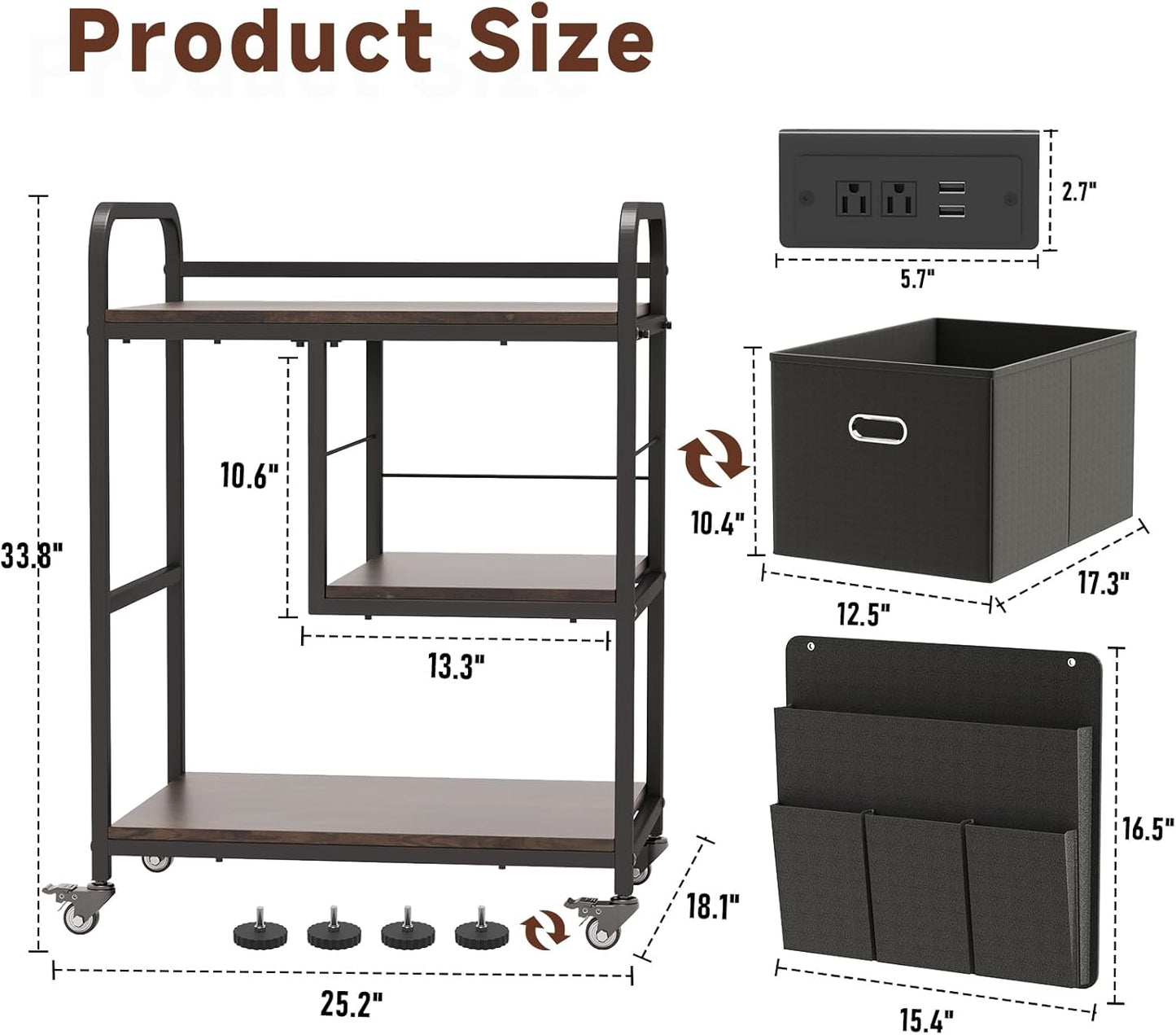 Large Printer Stand with Removable Storage Drawer, Mobile Printer Table with Charging Station for Home Office, Rolling Industrial Printer Cart with Wheels for Scanner Fax PC Tower (Brown)