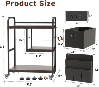 Large Printer Stand with Removable Storage Drawer, Mobile Printer Table with Charging Station for Home Office, Rolling Industrial Printer Cart with Wheels for Scanner Fax PC Tower (Brown)