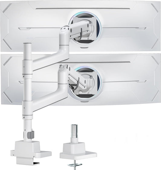 monTEK Dual Monitor Arm for up to 57" and 59.4 lbs Ultrawide Screen, Aluminum Heavy-Duty Gas Spring Vertical Stackable Curved Screen Adjustable Monitor Stand, 75/100mm Vesa Mount, White