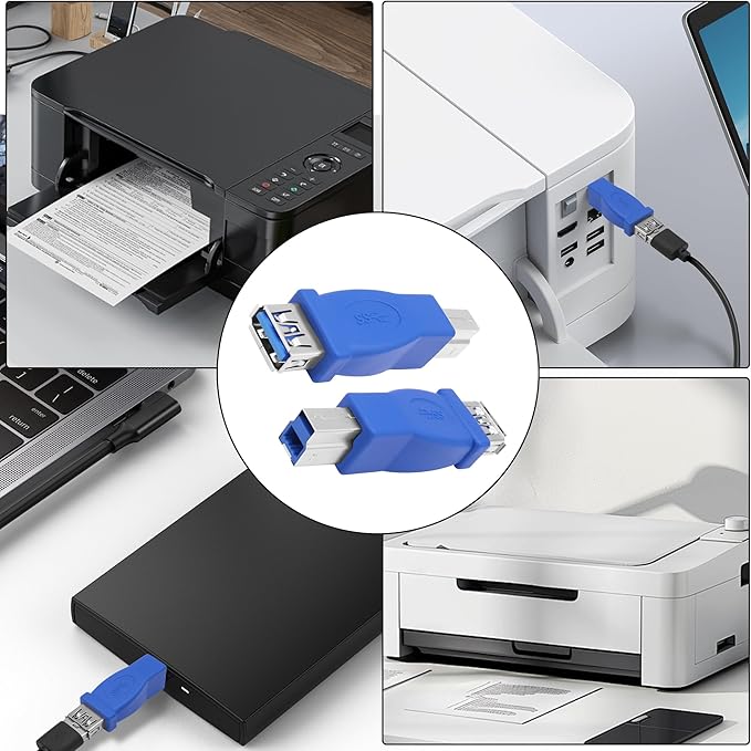 MEIRIYFA USB A to USB 3.0 B Printer Adapter, USB 3.0 Type-B to USB3.0 Type-A Female Adapter Converter 5Gbps for Printer, Scanner, External Hard Drive, Laptops - Blue, 2PCS (USB-B Male)