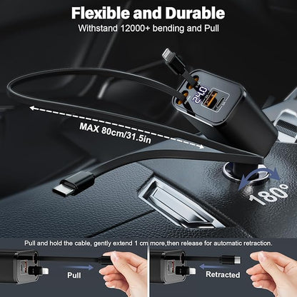 Retractable Car Charger USB C 4 in 1 87W Cigarette Lighter Car Phone Charger Adapter for iPhone 17 with Voltage Display Fast Charge for iPhone,Android,Samsung,etc
