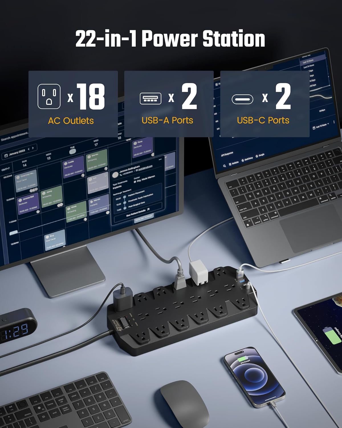 Surge Protector Power Strip, SUPERDANNY 18 AC Outlets with 4 USB Ports, 1875W/15A, 2100J, 6.5FT Flat Plug Heavy Duty Extension Cord with Wall Mount Holes for Home, Office, Gaming Room,Dorm, Black