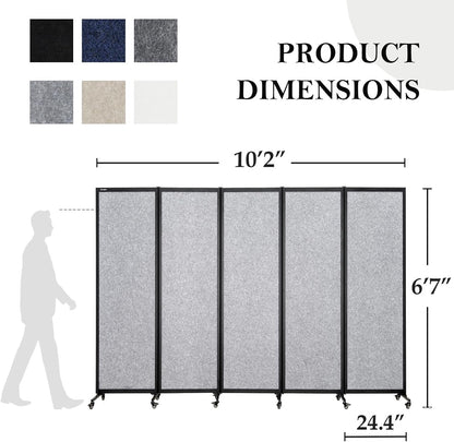 Upgrade Version Room Partition and Divider, Freestanding Rolling Dividers with Wheels,Office Privacy Screen Divider Wall,Classroom Felt Dividers,10'6"L* 6'7"H,5 Panel,Light Grey