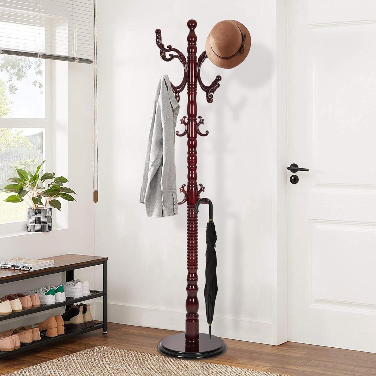 Wooden Coat Rack Freestanding, Vintage Coat Racks with Sturdy Round Base, Adjustable Height 37.40"-72.83" Entrance Coat Rack for Bedroom Living Room Entryway (Solid wood Rosewood)