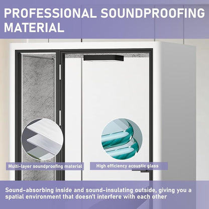 Office Sound Booth with Audio Privacy - Portable Soundproof Booth with White Modern Style,Movable Room with Light,Ventilation,Socket for Study,Work,Singing Room,Telephone Booth(55.11IN)