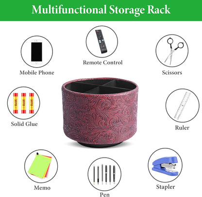 lizimandu Round Leather Art Supply Organizer,Remote Control Holder,360 Degree Spinning,Multi-Functional Pencil Holder,4 Compartments Desktop Stationary Organizer(1-Carved Red)