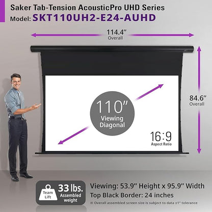 Elite Screens Saker Tab-Tension AcousticPro UHD Series, 110-INCH Diagonal 16:9, 4K/8K Ultra HD Electric Sound Transparent Perforated Weave Drop Down Front Projector Screen, SKT110UH2-E24-AUHD