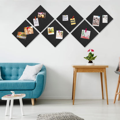 AKTOP Black Cork Bulletin Board 12x12, 1/2" Thick Felt Cork Board Tiles 12 Pack, Small Square Pin Board for Wall, Self Adhesive Corkboards with 120 Push Pin Wood Clips for School, Home & Office
