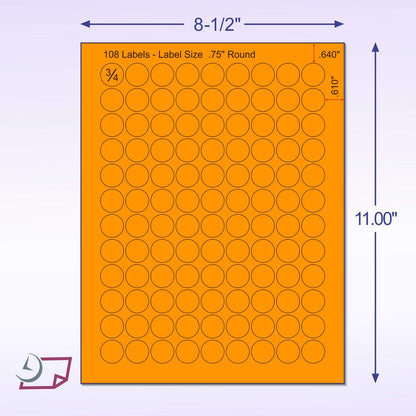 8-1/2 x 11" Fluorescent Labels for Laser & Inkjet Printer (Orange Fluorescent, 3/4" Round - 108 Per Page | 2700 Labels)