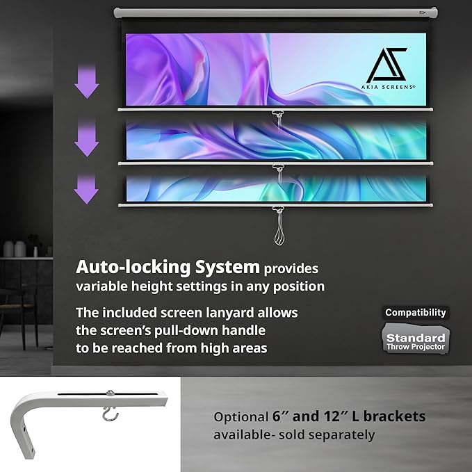 Akia Screens Retractable Projector Screen Pull Down 110 inch 4:3 8K 4K HD 3D White Projection Screen Manual B for Movie Home Theater Office Indoor Ceiling Wall Mount, AK-M110V1