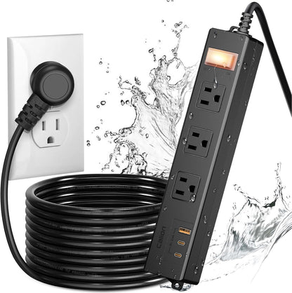 IPX6 Outdoor Power Strip Weatherproof, Waterproof Surge Protector with 3 Wide Outlet with 1A2C USB Ports, 15FT Long Extension Cord, Wall Mountable for Outside Decorations and More UL Listed(Black)