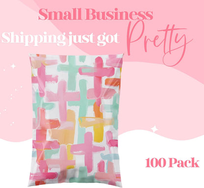 14.5x19 Designer Poly Mailer 100 Pack Heavy Duty Waterproof Self Seal Shipping Bags for Small Business Large Mailing Envelopes Bulk Tear Resistant Packaging Pastel Crosses Faith
