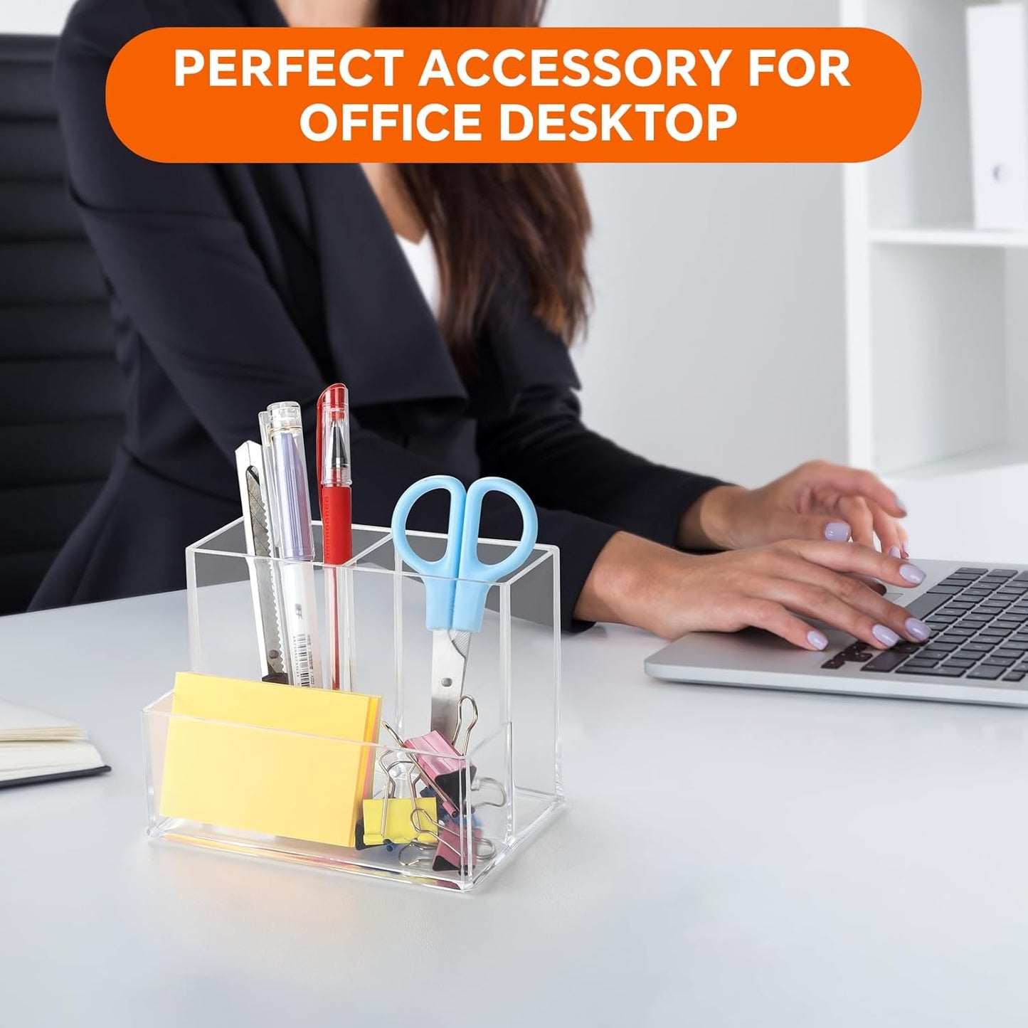 Pen Holder for Desk, Clear Acrylic Pencil Holder for Desk, Marker Holder with 3 Compartments, Pencil Organizer for Home, Office, Classroom, Bathroom