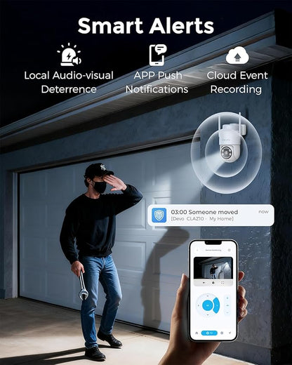 Devo Solar Security Camera Wireless Outdoor, 2.3K HD 360° PTZ Color Night Vision, AI/PIR Human Detection, 2-Way Audio, Solar & Battery Powered, WiFi 6, IP66 Waterproof, Triple Alert System White