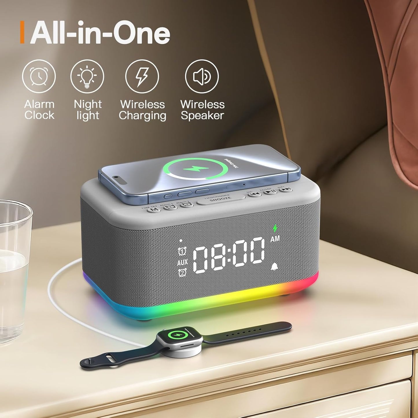 Alarm Clock Speaker Wireless Charger, Digital Alarm Clocks Bedrooms Bluetooth, Alarm Clock Dimmable Light Bedrooms Bluetooth Speaker Dual Alarm Snooze 12/24H Dimmer Support USB AUX, Grey
