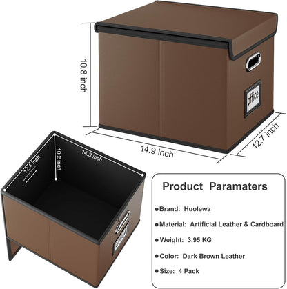 Huolewa Portable Leather File Organizer Boxes with Lids, Office Document Boxes Organizer, Filing Boxes, Decorative Small File Boxes for Hanging Files with Plastic Slide for Office/Decor/Home