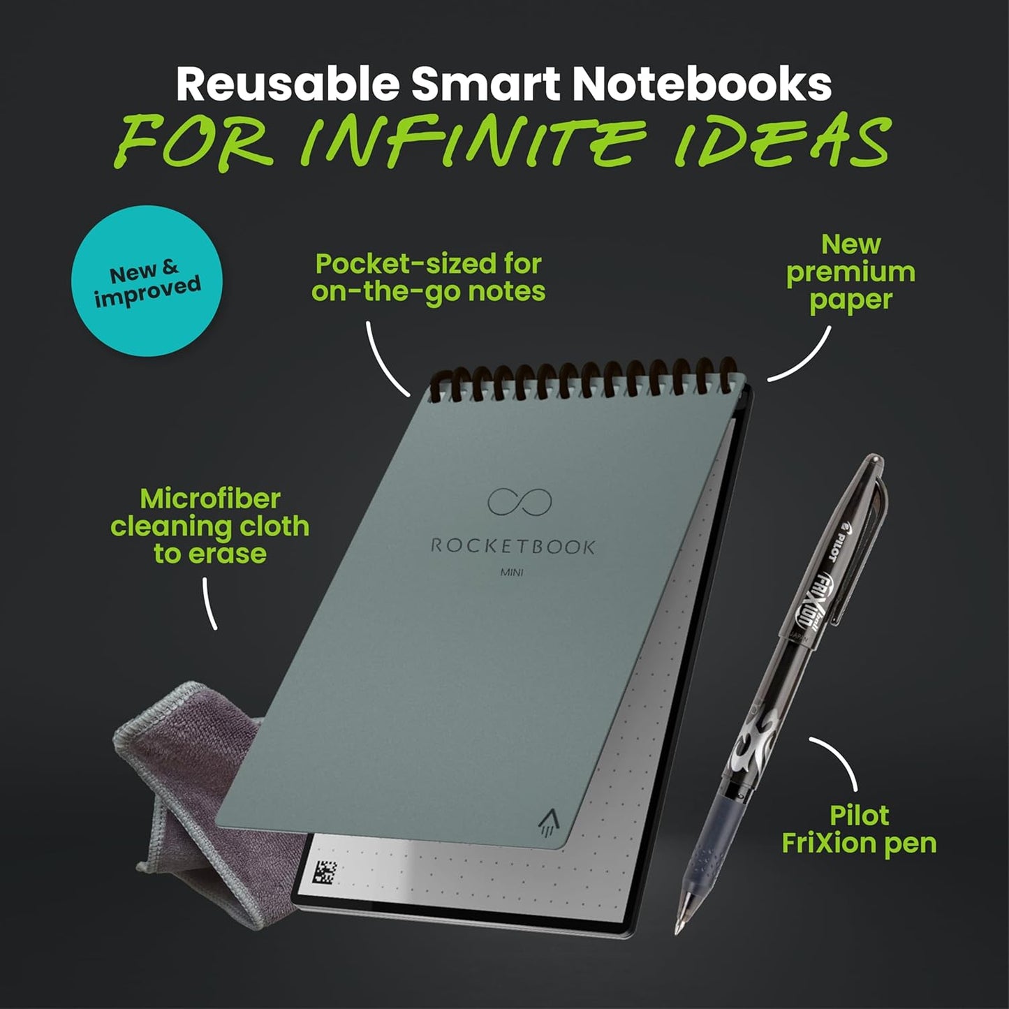 Rocketbook Mini Reusable Smart Notepad, Pocket Size Notebook 3.5x5.5, Gray - Dotted Pages, App-Connected, Erasable, Ideal for On-The-Go List Taking & Quick Notes Anywhere