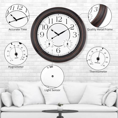 Outdoor Clocks Waterproof 18 Inch, Large Wall Clock with Thermometer & Hygrometer, Illuminated Battery Operated Clock with Smart Sensor for Patio, Pool, Garden, Porch, Living Room