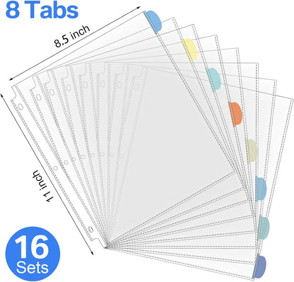 ReliThick 16 Set of 128 Pack Clear Binder Sheet Protectors with Tabs for 3 Ring Binder 8 Tab Binder Dividers with Pockets and Tabs Plastic Page Protector Insertable Index Divider, 8.5 x 11 Inch