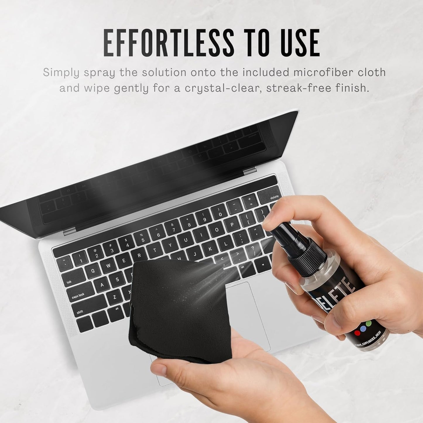 Delete Screen Cleaner Spray Kit, 4 Pack, 2oz Bottle and 12"x12" Microfiber Cleaning Cloth, Streak-Free, Safe and Gentle Formula, Multi-Purpose for Travel, Small TVs, Cameras, Laptops, Phones