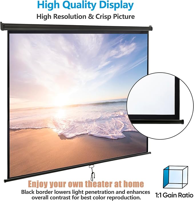 SUPER DEAL 120'' Projector Screen Projection Screen Manual Pull Down HD Screen 1:1 Format for Home Cinema Theater Presentation Education Outdoor Indoor Public Display, Black