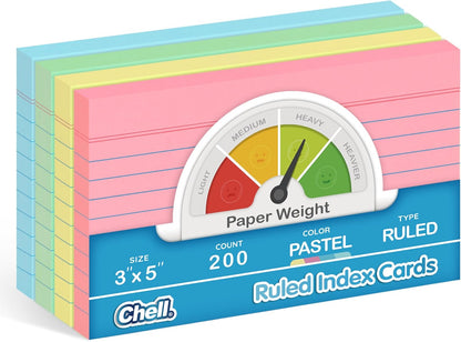 Chell 200 Count Index Cards 3x5 Inch Heavyweight, Ruled Front and Blank Back, 65 lb. Cover Weight, Pastel Colors