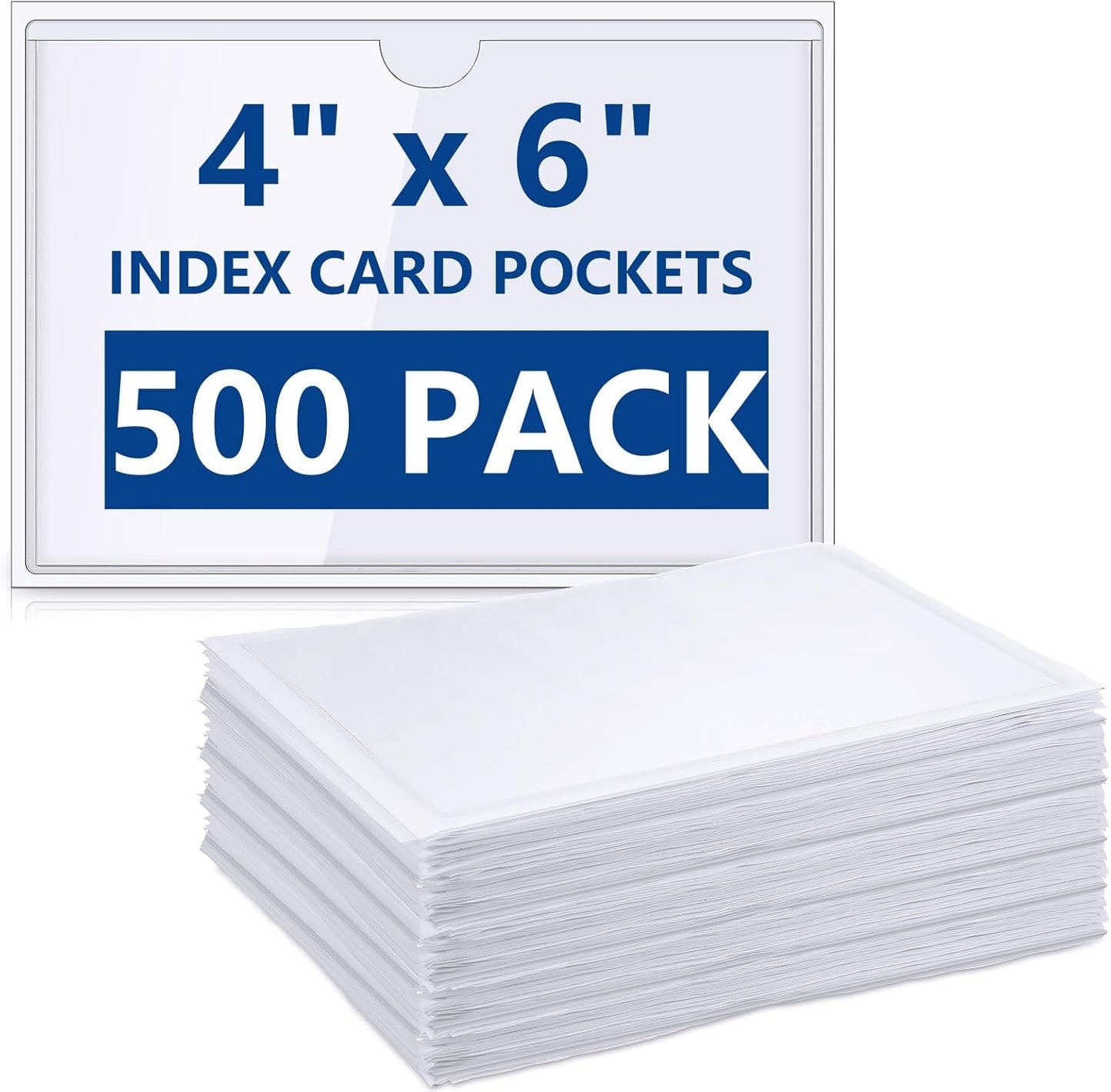 Outus 500 Pack Self Adhesive Index Card Holder Clear Plastic Label Pockets with Top Open for Loading Sticky Business Card Sleeves for Storage Bins Library Organizing Photo Protecting(4.33 x 6.3 Inch)