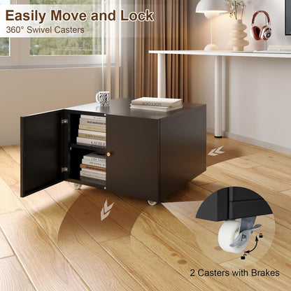 Small Space Printer Stand with Doors, Mini Fridge Stand for Laundry, 3D Printer Stand with Storage, Low Printer Table, Modern Under Desk for Home Office, Small Carts for Scanner, Fax