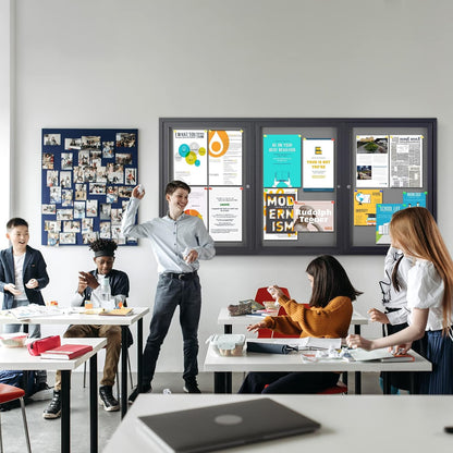 Enclosed Bulletin Board Outdoor Noticeboard with Locking Door, Weather-Resistant, Grey Felt, Black Aluminum Frame, 70 x 36 in