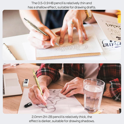 Nicpro 37PCS Gold Art Mechanical Pencil Set, 4PCS Metal Drafting Pencil 0.3/0.5/0.7/0.9 mm & 2PCS 2mm Lead Holder (6B 4B 2B HB 2H 4H) School Supplies for Sketching Drawing with 23 Tube Lead Refills