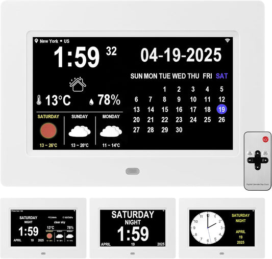 WiFi Digtial Wall Clock,Desk Clock with Weather Temperature Humidify,10 Day Weather Forecast,Weather Station with Digital Calendar and Dementia Alarm clockx for Seniors.(Whith, 7 inches)
