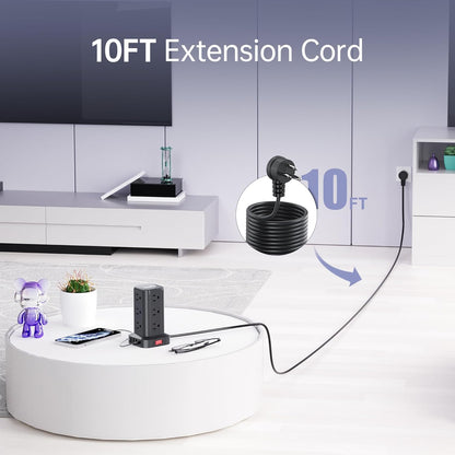 Surge Protector Power Strip Tower,10FT Extension Cord with Multiple Outlets, 12 AC 4 USB (1 USB C)，Mini Power Strip with USB Ports, Surge Protector Tower Overload Protection for Office, Desk